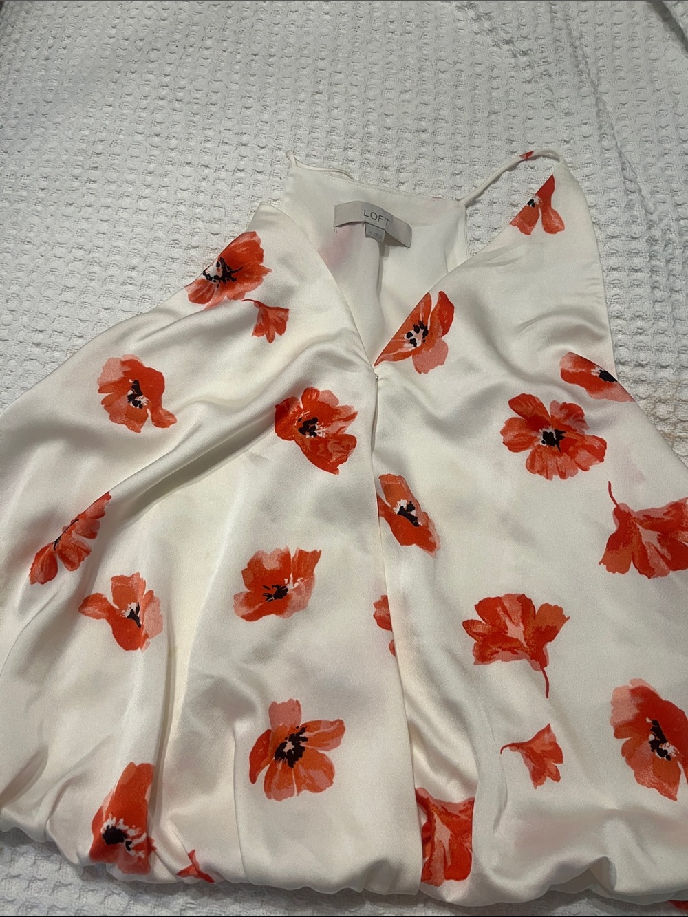 LOFT White Satin Floral Cami with Orange-Red Poppy Print